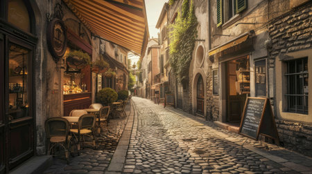 A quaint European cobblestone street with cafes and outdoor seating, capturing timeless elegance."の素材