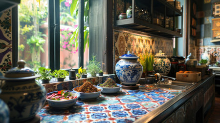 A kitchen with Thai ceramic tiles and vibrant Thai spices displayed on the counter, celebrating Thai culinary heritage."の素材