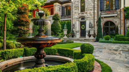 An elegant front yard with a fountain and topiary bushes, showcasing formal landscaping."の素材