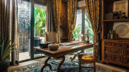 A home office with Thai batik curtains and wooden furniture crafted with intricate Thai patterns, fostering productivity."の素材
