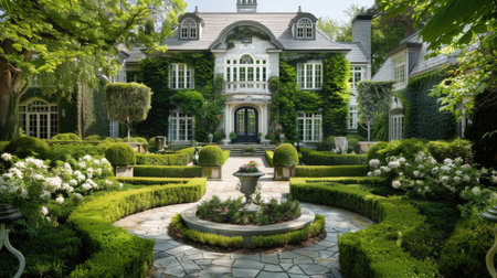 An elegant front yard with a circular driveway and manicured hedges, exuding luxury and sophistication."の素材