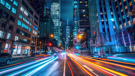A nighttime cityscape with illuminated skyscrapers and car light trails on a busy street, depicting urban nightlife."の素材