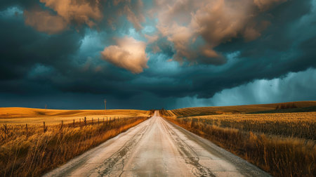 An empty rural road cutting through golden fields under a dramatic sky, symbolizing journey and freedom."の素材