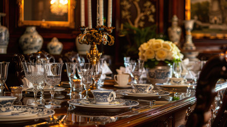 An elegant dining room adorned with Thai porcelain dinnerware and intricate wood carvings, showcasing fine Thai craftsmanship."の素材