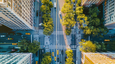 An aerial view of a city boulevard with tree-lined sidewalks and bustling traffic, illustrating urban planning."の素材