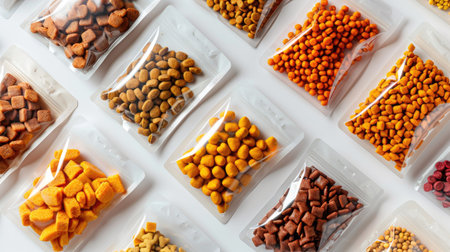 Assorted cat food pouches laid out on a white surface, close-upの素材