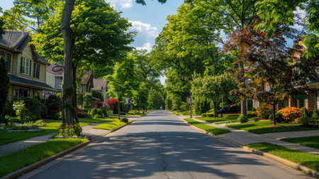 A suburban neighborhood street lined with trees and family homes, embodying residential tranquility."の素材
