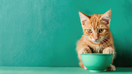 Ginger cat playfully nudging its feeding bowl, with a bright green backgroundの素材