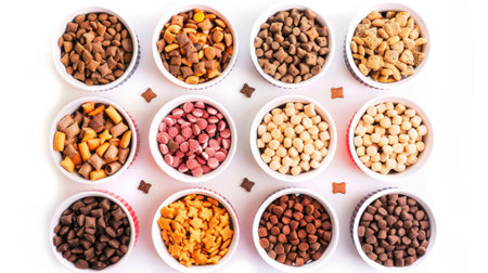 Assorted flavors of cat food in individual containers, shot from above, isolated on whiteの素材