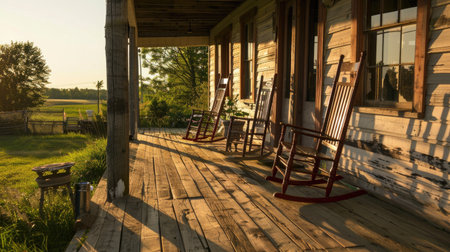 A rustic farmhouse with a wooden porch and rocking chairs, capturing the charm of country living."の素材