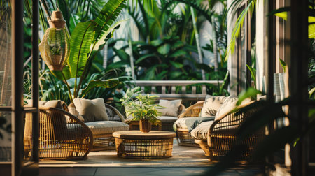 A sunlit terrace with Thai rattan furniture and lush tropical plants, providing a serene outdoor retreat at home."の素材