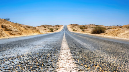A winding desert road stretching into the horizon under a clear blue sky, symbolizing adventure and exploration."の素材