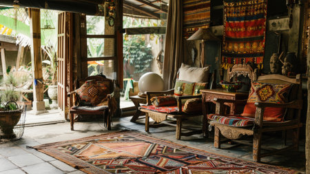 A traditional Thai sitting area with antique wooden chairs and embroidered Thai textiles, preserving cultural heritage."の素材