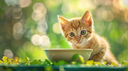 Charming ginger kitten with its feeding bowl, highlighted by a soothing green backdropの素材