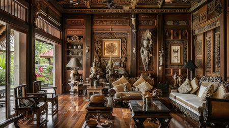 A traditional Thai living room adorned with intricate wood carvings and classic Thai pottery, reflecting cultural heritage."の素材
