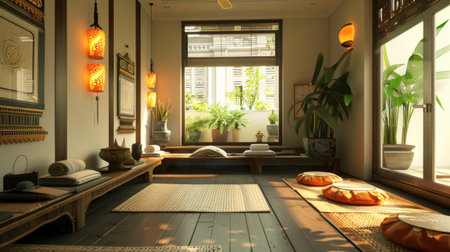 A Thai-inspired spa room with traditional Thai massage mats and herbal compresses, offering rejuvenation at home."の素材
