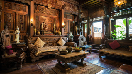 A traditional Thai living room adorned with intricate wood carvings and classic Thai pottery, reflecting cultural heritage."の素材