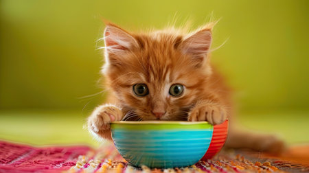 Cute ginger kitten playfully pawing at a colorful feeding bowl against a green backdropの素材