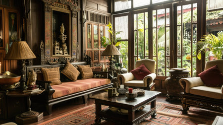 A Thai living room with a mix of modern and antique furniture, creating a unique blend of old-world charm and contemporary styl--の素材