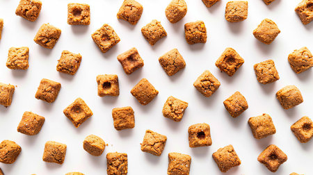 Close-up of premium dry cat food kibbles arranged neatly on a white backgroundの素材