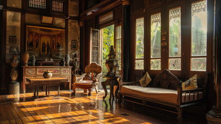 A traditional Thai living room adorned with intricate wood carvings and classic Thai pottery, reflecting cultural heritage."の素材