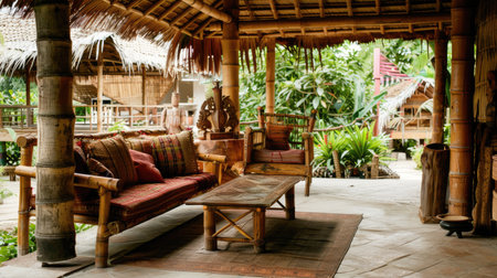A rustic Thai-style sitting area with bamboo furniture and Thai fabric cushions, offering a rustic charm."の素材