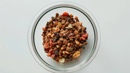 Healthy cat food mix in a clear glass bowl, shot close-up on white backgroundの素材