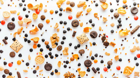 Various cat food treats scattered on a white background, close-up viewの素材