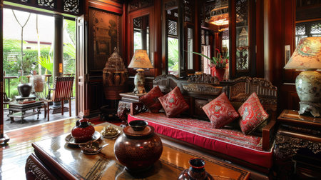 A traditional Thai living room adorned with intricate wood carvings and classic Thai pottery, reflecting cultural heritage."の素材