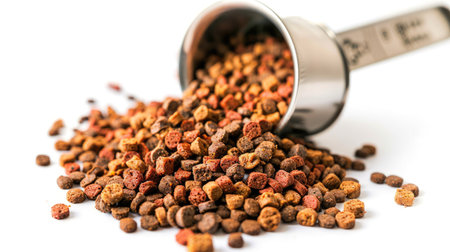 Close-up of high-protein cat food mix in a measuring cup, isolated on whiteの素材