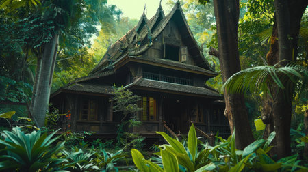 A traditional Thai house surrounded by lush greenery, showcasing cultural architecture and natural beauty."の素材