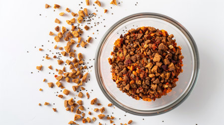 Healthy cat food mix in a clear glass bowl, shot close-up on white backgroundの素材