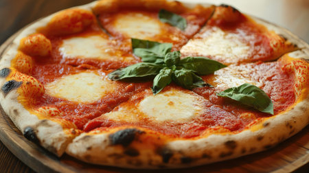 A freshly baked Neapolitan pizza with a perfect, puffy crust, topped with tomato sauce, mozzarella, and basil.の素材