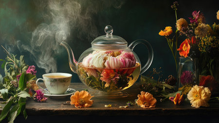 A beautifully presented glass teapot filled with blooming tea, surrounded by fresh flowers and a steaming cup.の素材