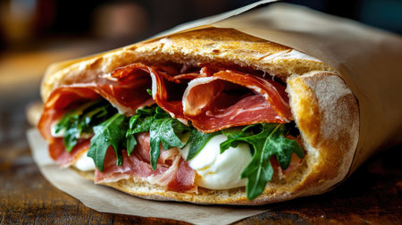 A close-up of a traditional Italian panino filled with prosciutto, mozzarella, and arugula, wrapped in paper for street food enjoyment. -の素材