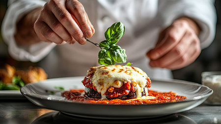 An Italian chef plating a gourmet dish of eggplant Parmesan, drizzling tomato sauce and melted mozzarella.の素材