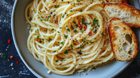 A bowl of spaghetti aglio e olio with garlic, olive oil, and chili flakes, served with a side of toasted bread.の素材