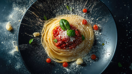 A beautiful plate of freshly made spaghetti served with a rich tomato basil sauce and a sprinkle of parmesan.の素材