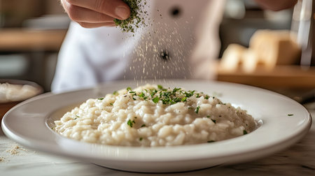 A chef sprinkling fresh herbs over a plate of creamy risotto in a fine Italian restaurant.の素材