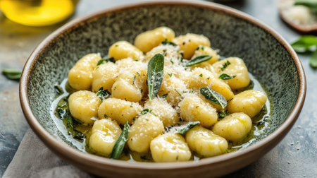 A bowl of fresh, handmade gnocchi with sage butter sauce, sprinkled with parmesan, and served on a rustic plate.の素材
