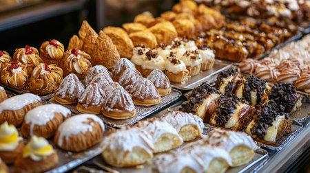 A beautiful assortment of Italian pastries such as cannoli, sfogliatella, and pasticcini displayed in an artisan bakery.の素材