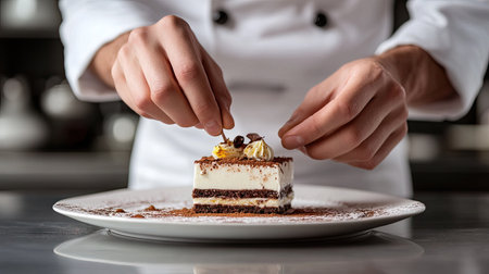 A chef in a white uniform decorating a beautiful plate of Italian dessert, such as tiramisu or panna cotta.の素材