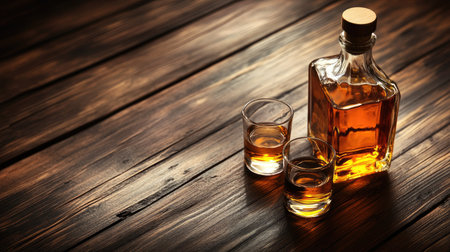 A bottle of Scotch whiskey with a shot glass of whiskey and an empty tumbler, placed on a dark, polished wooden table.の素材