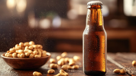 A close-up of a cold beer bottle with condensation, sitting on a wooden table next to a bowl of salted peanuts.の素材