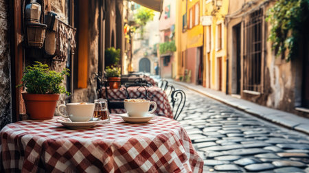 A charming outdoor Italian caf with checkered tablecloths, espresso cups, and a view of a cobblestone street.の素材