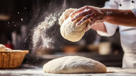 A chef preparing Neapolitan pizza dough by hand, tossing it in the air to form a perfect, round shape.の素材