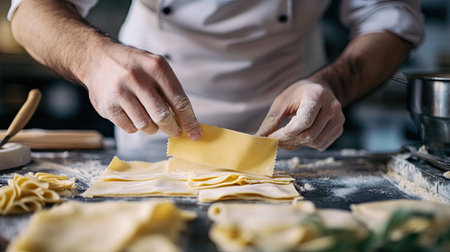 A chef in an Italian kitchen skillfully hand-cutting lasagna sheets from homemade pasta dough.の素材
