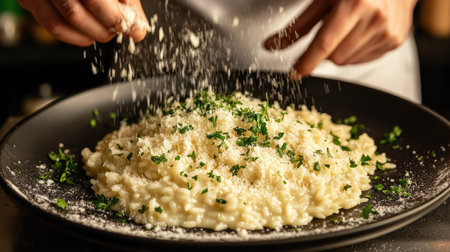 A close-up of an Italian chef carefully decorating a plate of risotto with fresh herbs and grated parmesan.の素材