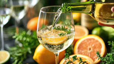 A close-up of a bottle of white wine being poured into a glass, surrounded by fresh citrus fruits and herbs.の素材