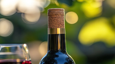 A close-up of a bottle of red wine with a cork and a glass filled with wine, with a soft, blurred background.の素材